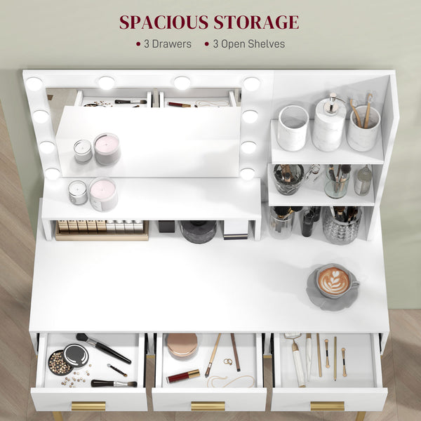 LED Lighted Dressing Table with Mirror, 3 Drawers and Storage Shelves, White 