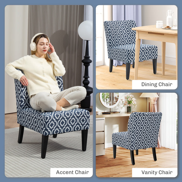 Armless accent chair with wooden legs, blue