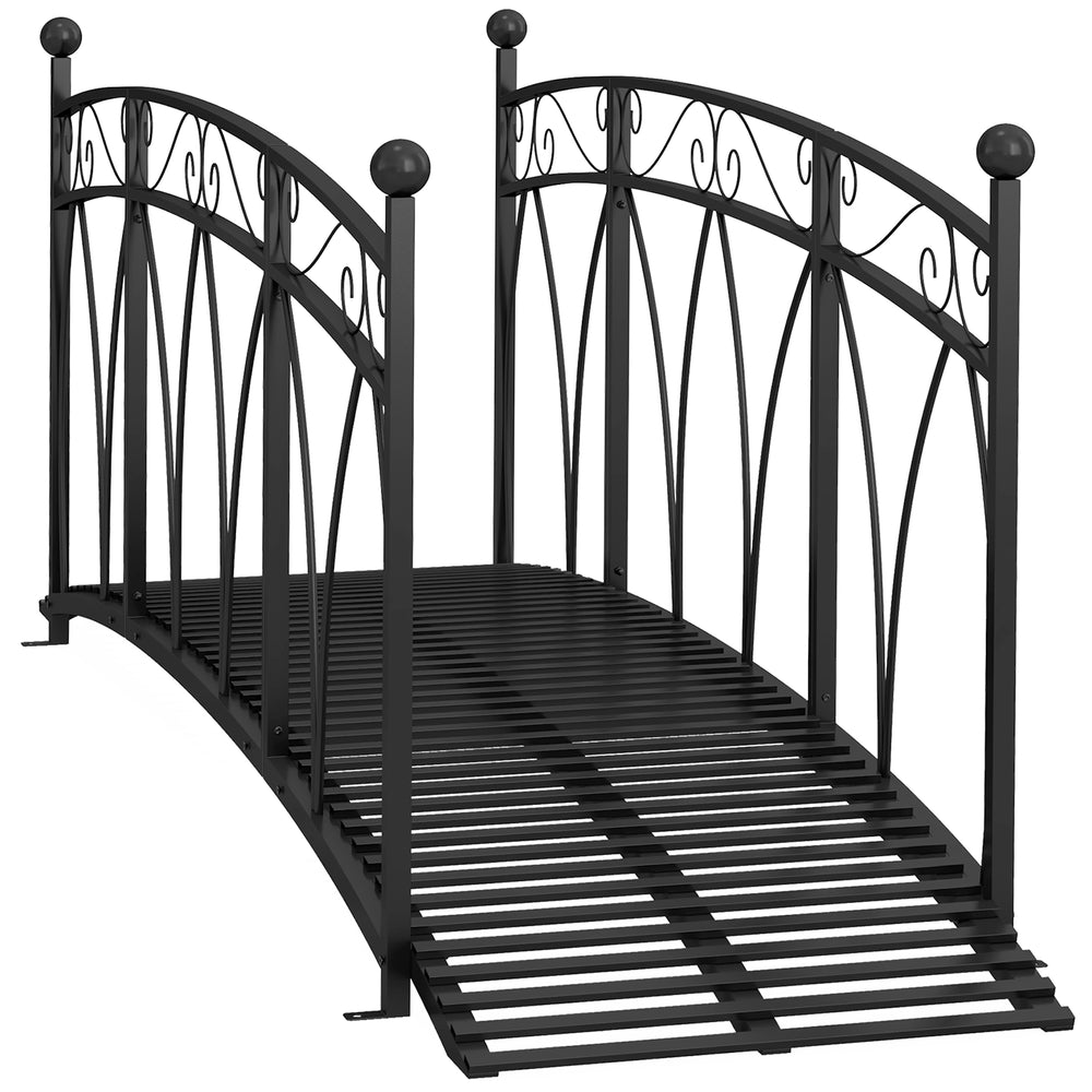 Metal garden walkway with railing and decorative scrolls, black