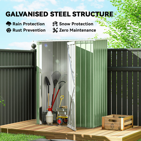 Metal garden shed with sloping roof and lockable door for tools, light green