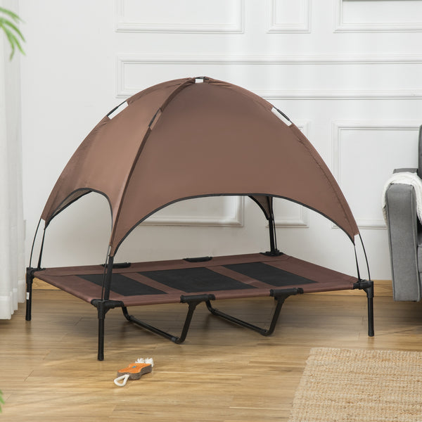 Elevated dog bed with canopy, coffee color