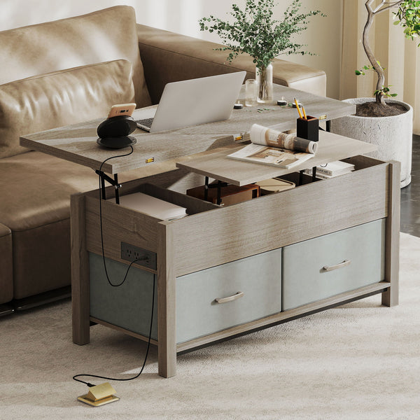 Lift-top extendable coffee table with power outlets, USB ports, and 5 storage compartments – Dark gray