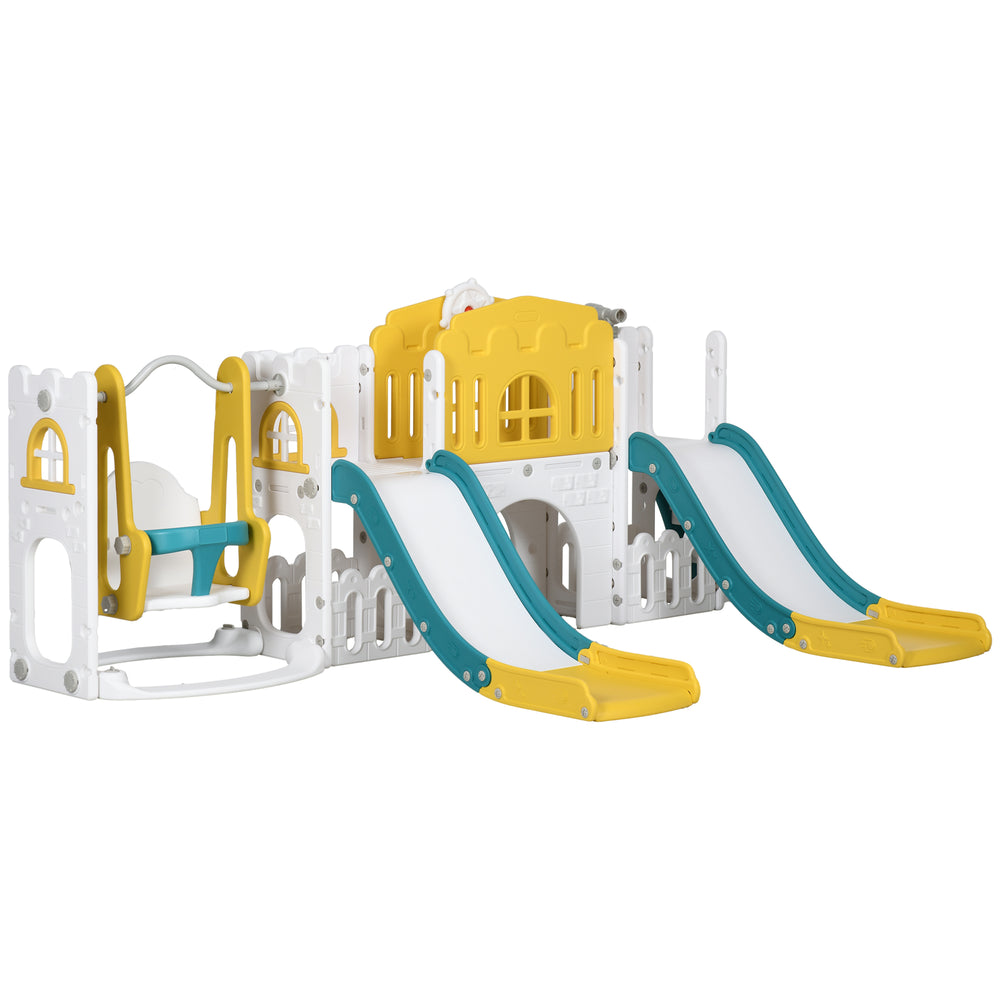 8-in-1 Slide and Swing Set with Basketball Hoop, Climber and Steering Wheel, Yellow