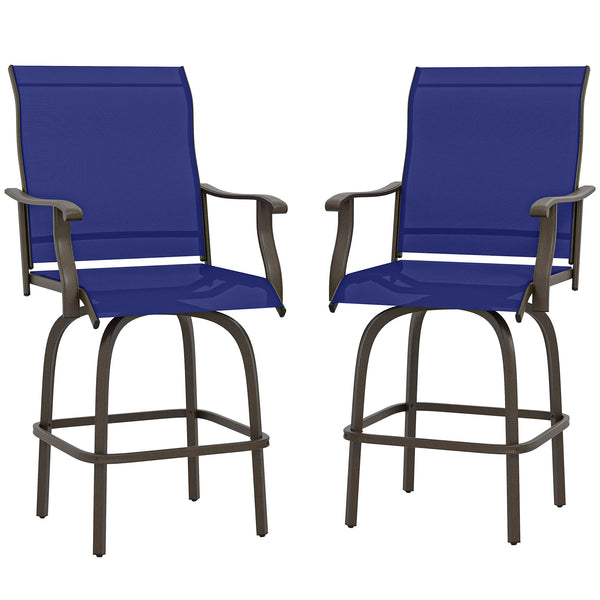 Outdoor Bar Stools Set of 2, Swivel Bar Height Chairs with High Back, Curved Armrests and Steel Frame, Navy Blue