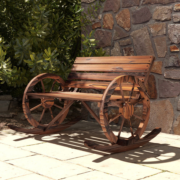 Two-seater outdoor wooden rocking bench with wagon wheel shaped armrests