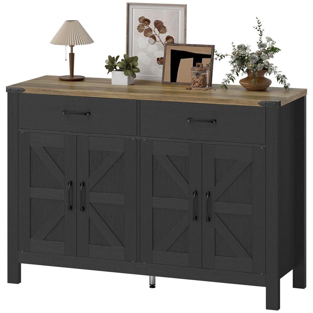 Farmhouse Kitchen Storage Buffet with 2 Drawers and Shelves, Black