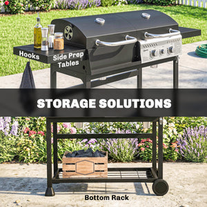 Dual fuel BBQ, charcoal and gas burners, black