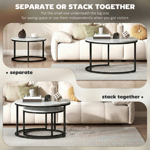 Set of 2 nesting coffee tables with marble-effect tops – White marble