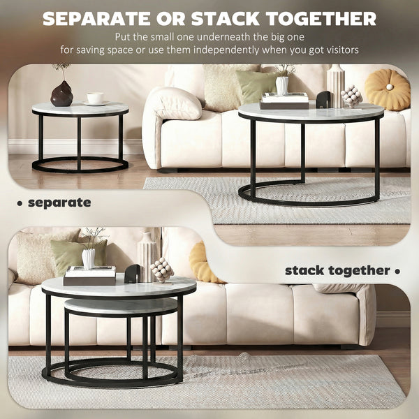 Set of 2 nesting coffee tables with marble-effect tops – White marble