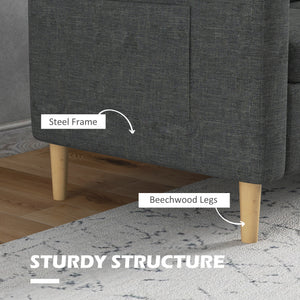 Modern upholstered two seater sofa with side pockets, grey