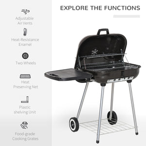 Charcoal BBQ Grill with Warming Rack & Storage Side Table, Portable Barbecue Smoker, 89 x 60 x 83 cm, Black