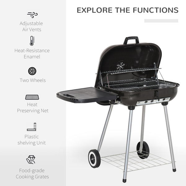 Charcoal BBQ Grill with Warming Rack & Storage Side Table, Portable Barbecue Smoker, 89 x 60 x 83 cm, Black