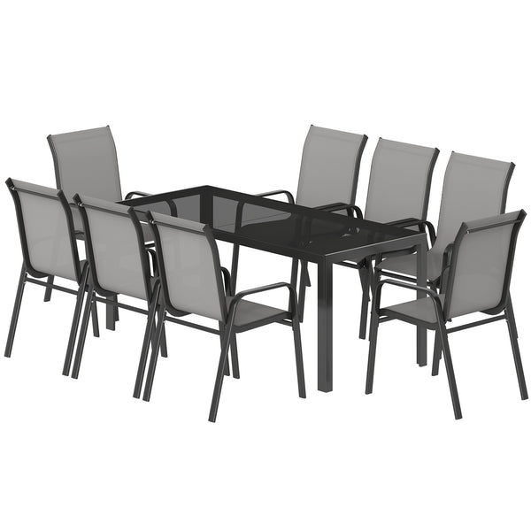 9-Piece Patio Set with Stackable Chairs with Glass Top, Light Gray