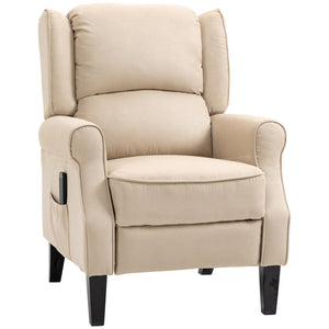 Reclining massage armchair with extendable footrest, wooden legs, remote control, side pockets, beige