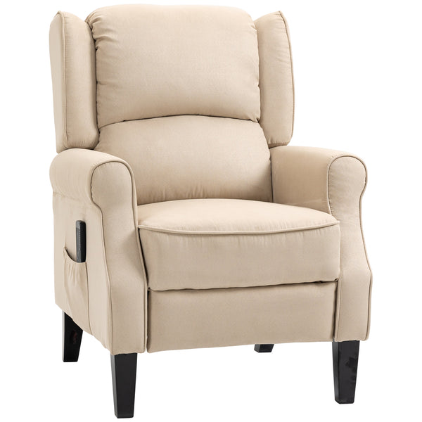 Reclining massage armchair with extendable footrest, wooden legs, remote control, side pockets, beige