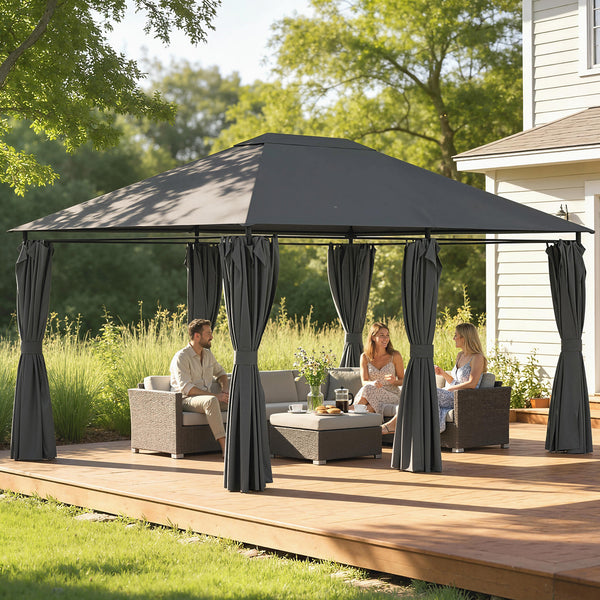 Gazebo 10 x 13, flexible steel frame, 6 removable curtains, dark grey