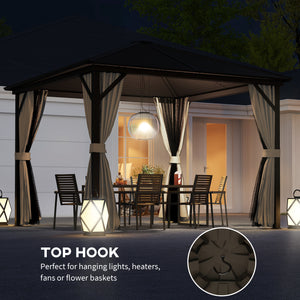 10' x 10' Aluminum Hardtop Gazebo with Mosquito Netting, Curtains and Hanging Hook, Brown
