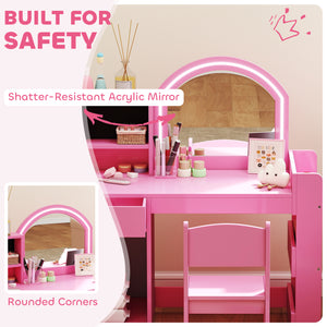 Dressing table and chair set with illuminated mirror, cabinet, drawer and shelves, pink
