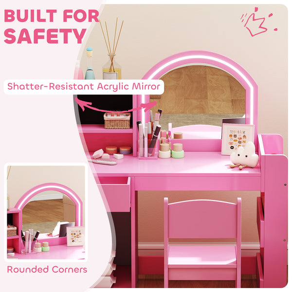 Dressing table and chair set with illuminated mirror, cabinet, drawer and shelves, pink