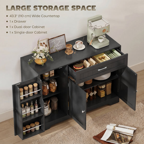 Storage sideboard with drawer, 2 cabinets, adjustable shelves and door storage – Black
