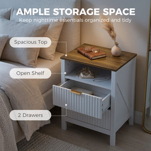 Bedside table with 2 drawers, open shelf and walnut-effect top, white