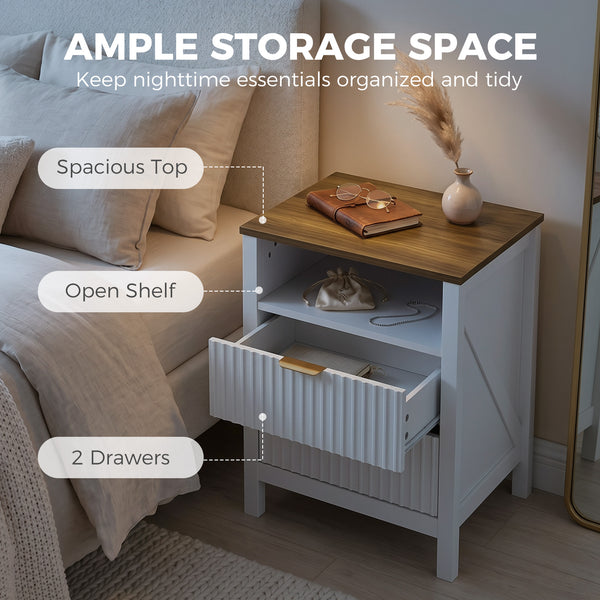 Bedside table with 2 drawers, open shelf and walnut-effect top, white
