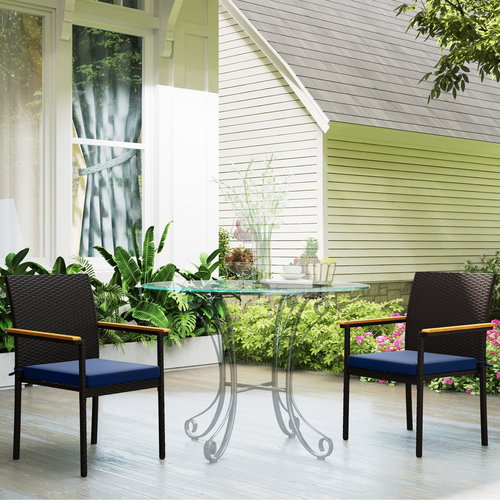 Set of 2 stackable wicker garden chairs with removable cushion and armrests, navy blue