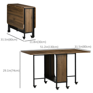 Folding dining table with storage shelf and 6 castors, light brown