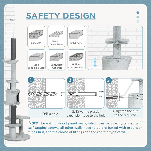 226-254cm Cat Tree with Hammock, Scratching Posts, Cabin, Perches, Play Ball, Grey