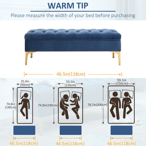 Upholstered bedside bench with button tufting, blue