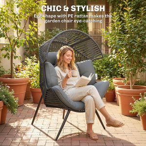 Wicker rattan egg chair with thick cushion and headrest, steel frame, adjustable cushions, grey