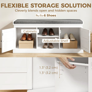 2-in-1 Set: Coat Rack and Shoe Bench with 6 Hooks and Shoe Storage, White and Grey.