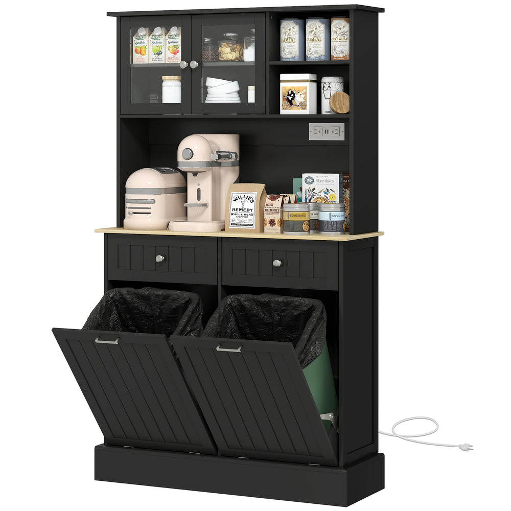 Kitchen cabinet with charging station and 2 tilting cupboards, black