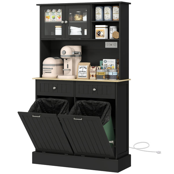 Kitchen cabinet with charging station and 2 tilting cupboards, black