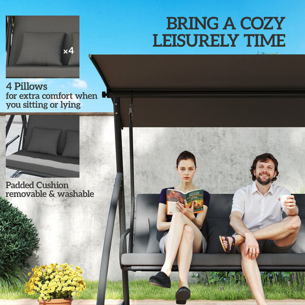 3-Seater Cushioned Patio Swing with Tilting Canopy, Dark Gray