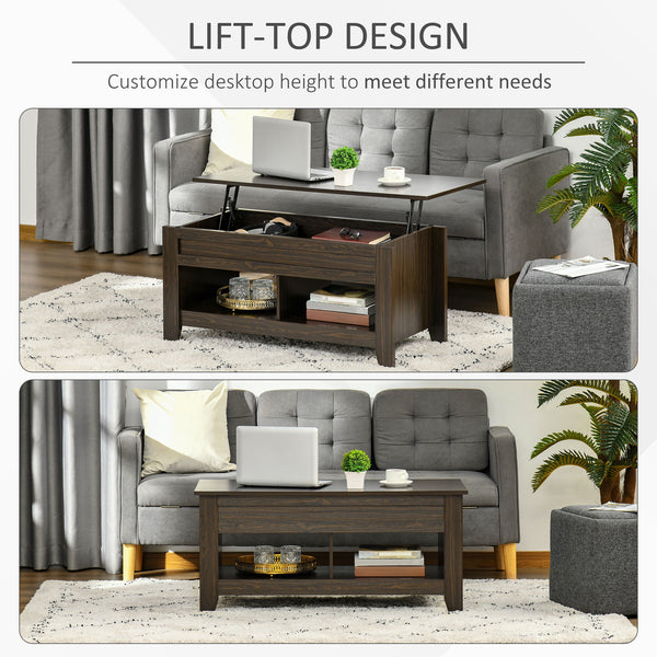 Lift-top coffee table with hidden storage and open shelves, dark walnut