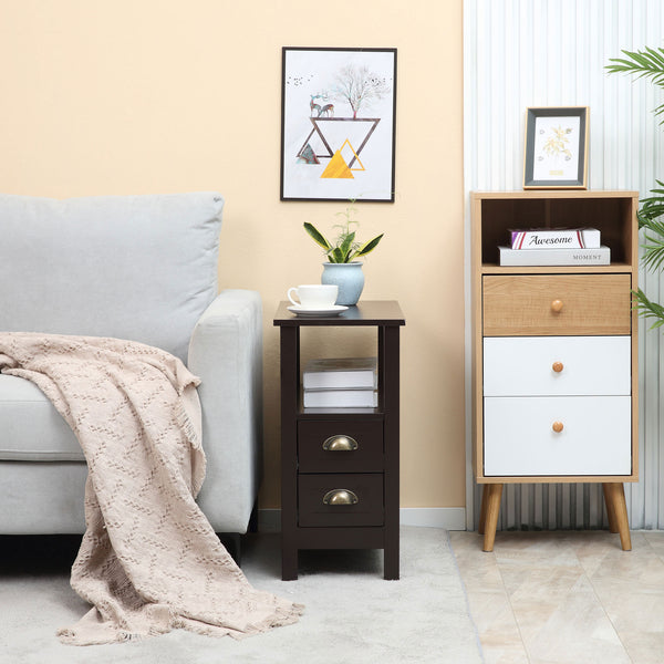 Narrow side table with 2 drawers and storage shelf, coffee