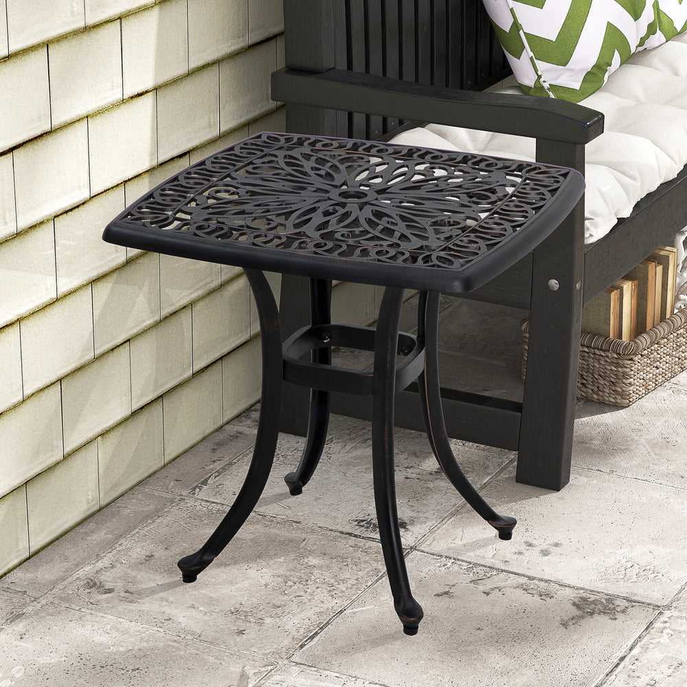 21" Square Outdoor End Table, Cast Aluminum Patio Side Table with Umbrella Hole for Garden, Balcony, Poolside, Bronze