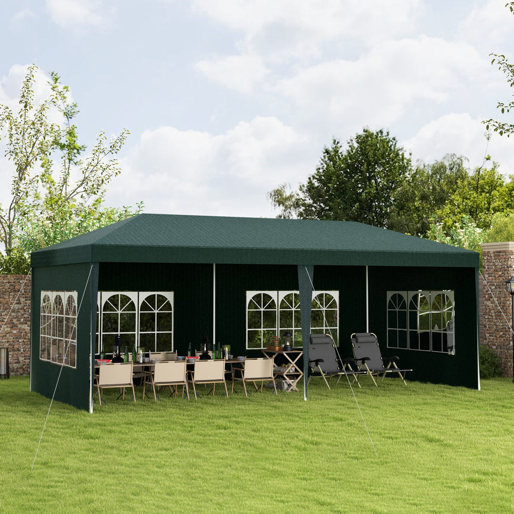 9 x 19 ft event tent with 4 removable side walls and windows, green