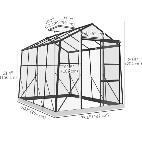 Polycarbonate greenhouse with sliding door, 5-level roof ventilation and gutter
