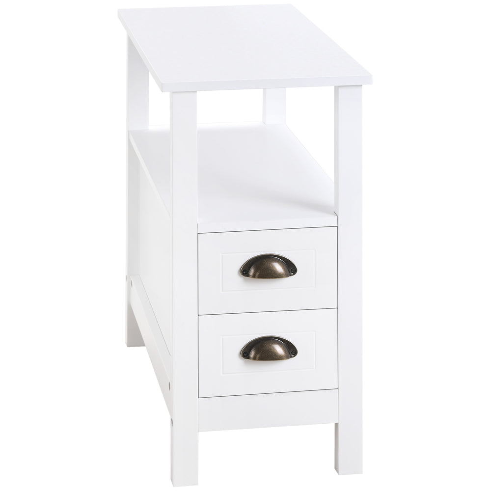 Narrow side table with 2 drawers and storage shelf, white