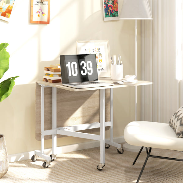 Folding drop-leaf dining table on wheels for 6 people – Oak and white