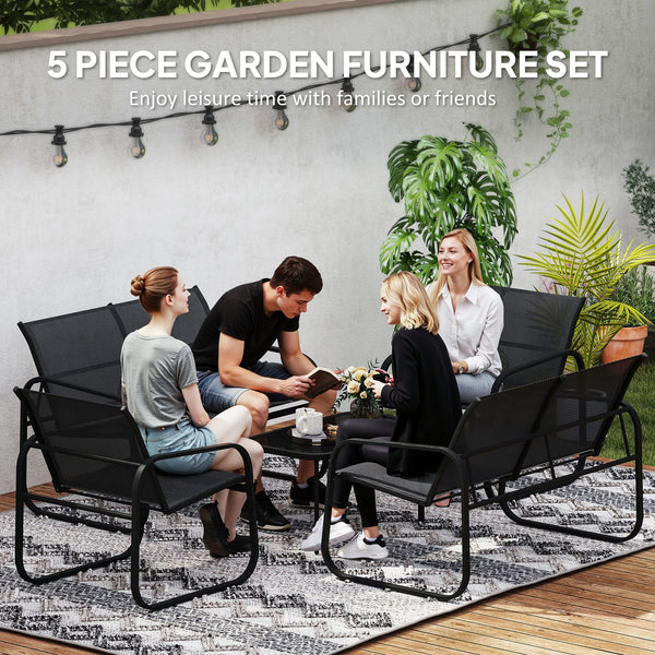 4-piece patio furniture set with 2 loveseats, 2 armchairs, and a glass-top table, black