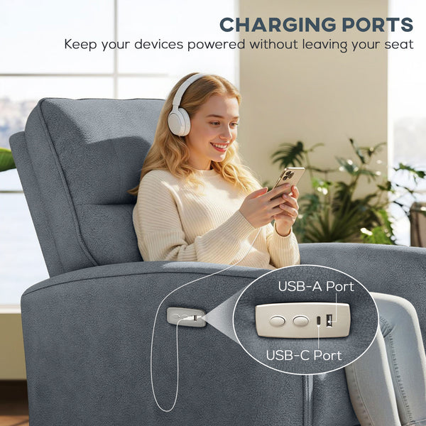 Electric reclining armchair, fabric upholstery, USB ports, footrest, anthracite grey