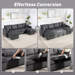 Convertible sofa bed in corduroy, U-shaped with storage chaise, cushions, springs, grey