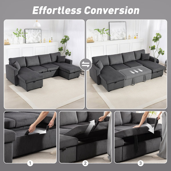 Convertible sofa bed in corduroy, U-shaped with storage chaise, cushions, springs, grey