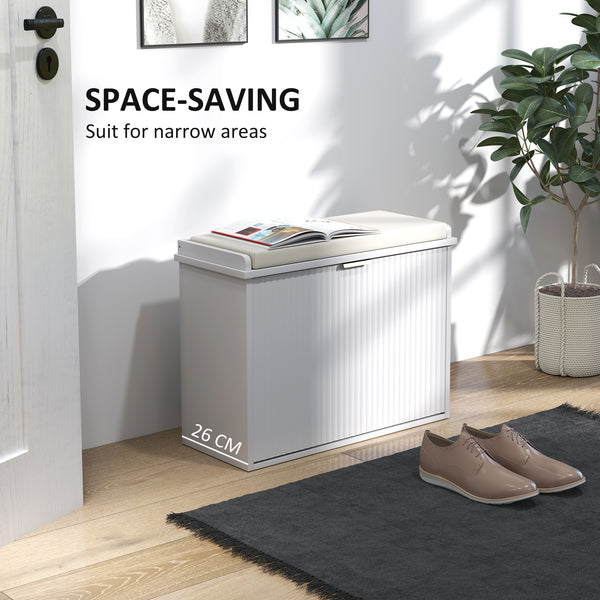 Hallway bench with upholstered seat and drop-down drawers, white