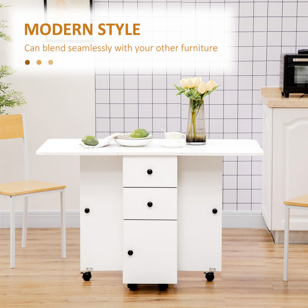 Folding dining table with drawers and storage cupboard, white