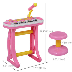 Piano keyboard with stool, working microphone and bright flashlight, pink
