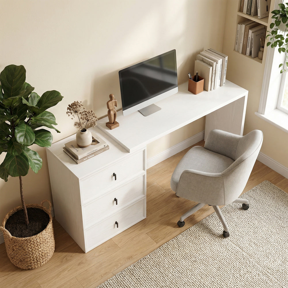 Convertible straight or L-shaped computer desk with 3 drawers and large workspace – White wood effect